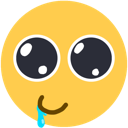Yellow smiley face with giant glossy black eyes and blue drool dripping from its mouth.