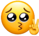 Yellow emoji with large, glossy pleading eyes and a hand making a peace sign gesture.