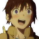 An anime character with wide eyes and a visible blush on their cheeks looking surprised and happy.