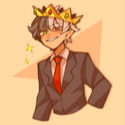 A character wearing a golden crown and a suit with a red tie, wearing a smug, mischievous smirk.