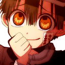 Anime boy with large orange eyes and a seal on his cheek giving a mischievous, knowing grin.