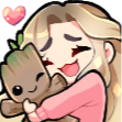 Anime girl with long hair happily hugging a small brown tree creature with a heart icon floating above.