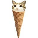 A cat head resting inside a waffle ice cream cone.