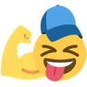 Smiley face wearing a blue baseball cap flexing its arm and sticking its tongue out.