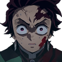 Tanjiro Kamado with wide, terrified eyes and blood splatter on his face.