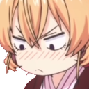 Anime girl with a flushed face looking down with a suspicious and annoyed expression.