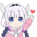 Anime girl with white hair and horns waving her hand with a small red heart floating beside her.