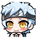 Anime boy with blue hair and a headband blushing with a shy, bashful expression.