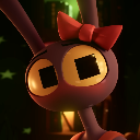 Jax the purple rabbit from The Amazing Digital Circus has square yellow eyes and a red bow, looking confused and annoyed.