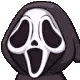 A hooded figure wearing a white ghost mask blushes as a finger boops its nose.