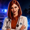 A woman with red hair wearing a white lab coat and stethoscope stands with her arms crossed in front of an ambulance.