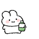 A small white rabbit with pink cheeks happily holding a large green bottle.