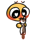 A yellow character with heart-shaped eyes and a blushing face holds a small brown and white cat.