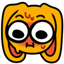 A yellow rabbit character with wide, staring eyes and a red blush on its cheeks looking nervous.