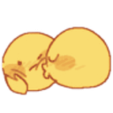 Two yellow round characters leaning in to kiss each other with blushing cheeks.