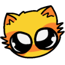 A stylized yellow cat head with large, glossy black eyes looking forward with an expression of intense wonder.