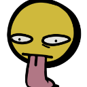 A yellow circular face with wide, staring eyes and a long, pink tongue hanging out of its mouth.