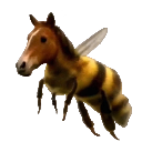 A horse head attached to a fuzzy yellow and black striped bee body with wings.
