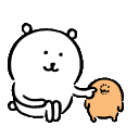 A white bear repeatedly poking a small orange creature that eventually shows signs of irritation.