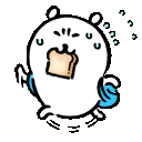 A white rabbit-like character with a blue backpack running frantically while holding a piece of toast in its mouth.