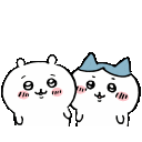 Two small white cat-like creatures with blue bows vibrating with excitement and blushing cheeks.
