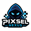 Hooded figure with glowing blue eyes and pixelated accents.