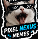 Cat wearing pixelated sunglasses shouting with text reading pixel nexus memes below.