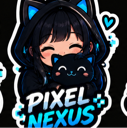 Anime girl with cat ears on her hoodie hugging a black cat with a happy expression.