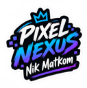 Pixel Nexus logo featuring stylized text and a crown icon in blue and purple.