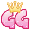 The letters GG in pink glitter with a golden crown resting on top.