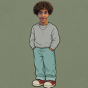Young man with curly hair standing with hands in his pockets wearing a gray sweater and blue jeans.