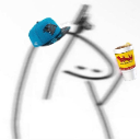 A simple stick figure character wearing a blue baseball cap and holding a yellow cup with a blurred, energetic motion effect.