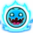 A blue circular face with glowing white eyes and a wide, jagged mouth, surrounded by a bright blue flickering aura.