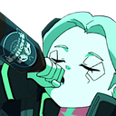 A stylized character with teal skin and hair drinking from a dark bottle with eyes closed.