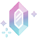 A glowing, multifaceted crystal gem with sparkles on a pixelated background.