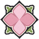 A stylized four-petaled pink flower with green leaves in a flat, symmetrical design.