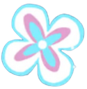 A stylized four-petaled flower with blue and pink layers and a glowing white center.