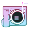 Camera with a purple and blue gradient finish featuring a bright white sparkle icon.