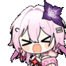 Chibi anime girl with pink hair and a purple bow shouting with an excited expression.