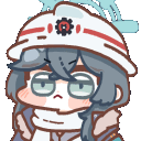 A chibi anime girl wearing a winter hat and scarf turns away and shouts into a megaphone with an annoyed expression.