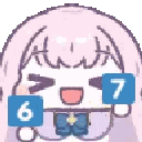 Two happy chibi characters with light hair smiling and holding up blue squares with the numbers 6 and 7.