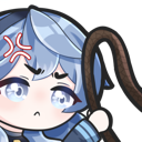 A chibi anime girl with blue hair looking angry with a vein symbol on her forehead while holding a brown whip.