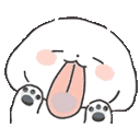 A round white creature with pink cheeks repeatedly sticking its tongue out and pulling it back in.