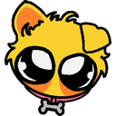 A stylized yellow puppy head with massive black eyes and a small pink collar with a bone tag.
