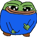 Two round green frogs with wide eyes wearing blue shirts standing side by side.