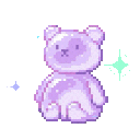 A cute purple gummy bear sitting still while surrounded by shimmering blue and pink sparkles.