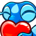 A blue creature with closed eyes happily hugging a large red heart.