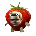 A strawberry with a man's face wearing white cat ears and blushing.