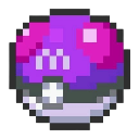 A pixelated purple sphere with a white letter M centered on a gray button.