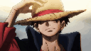 Monkey D Luffy smiles confidently while tipping his straw hat with his hand.
